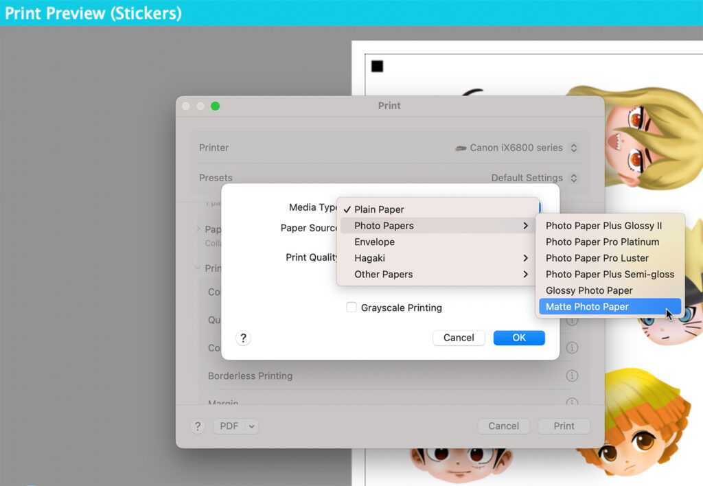 paper type setting for printing stickers