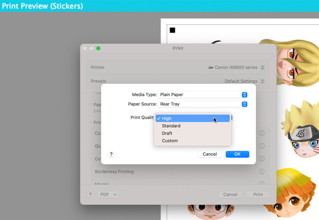 print setting for printing stickers