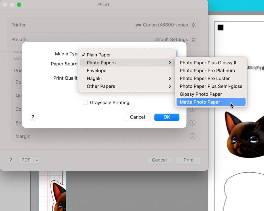 change printer settings media type matte photo paper