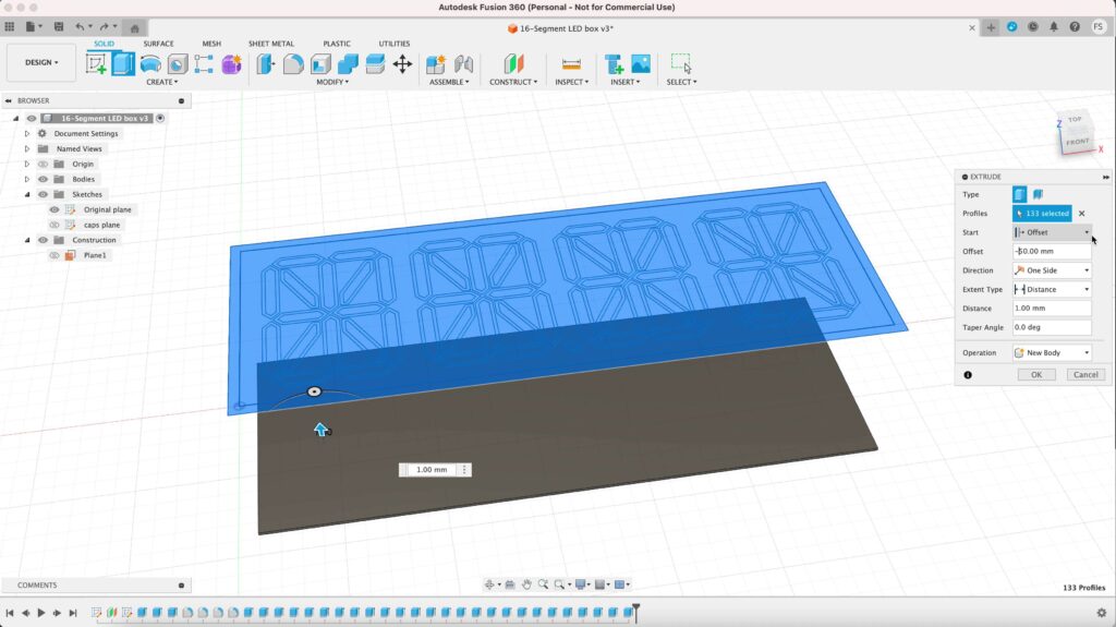 How to offset extrusion in fusion 360